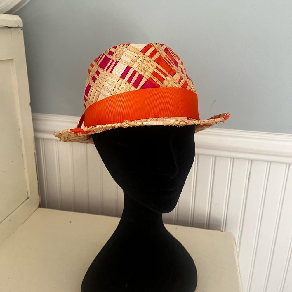 Jonathan Adler Straw Ribbon Orange and Pink Fedora Hat